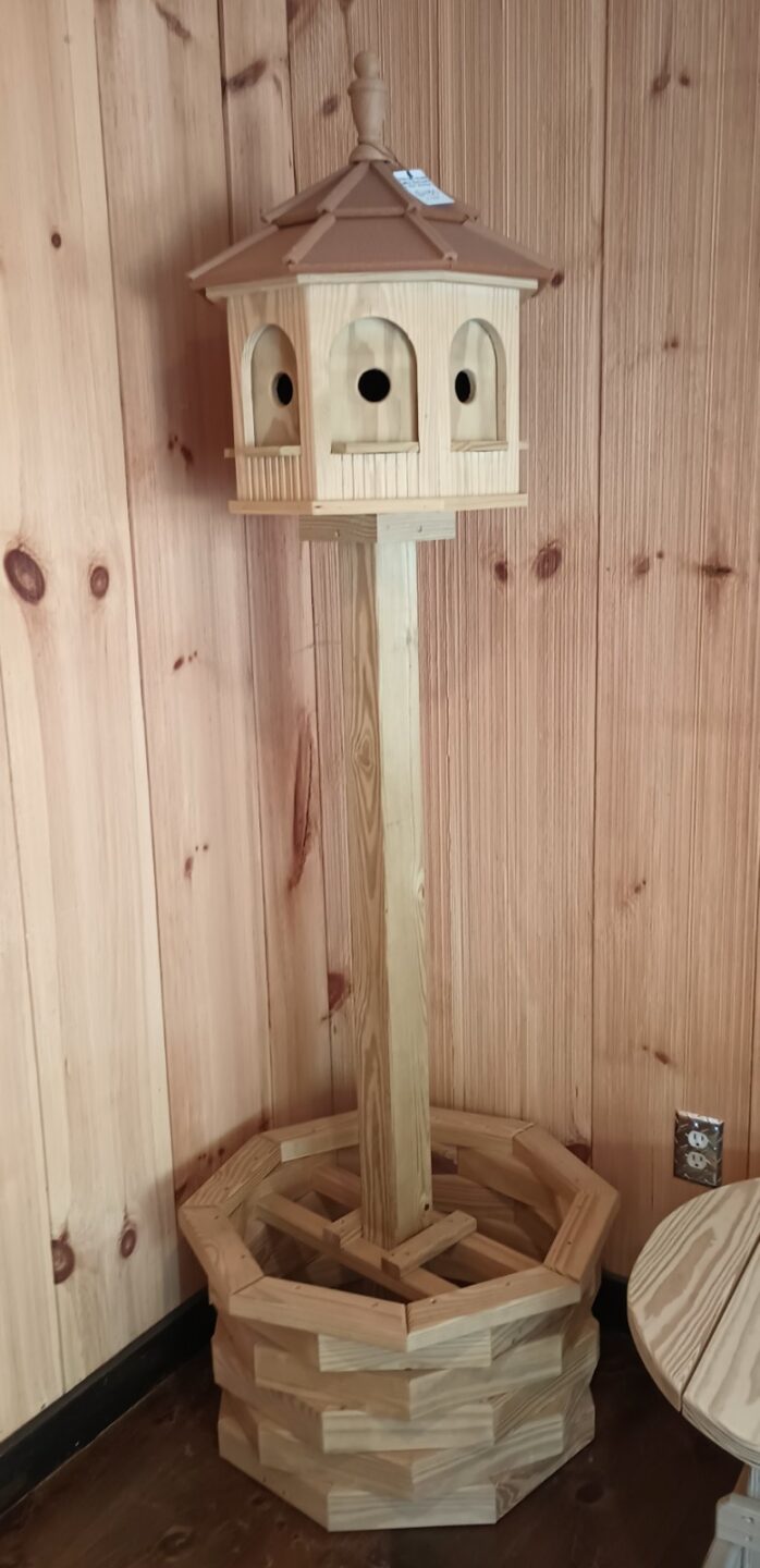 Wooden Birdhouse, Post & Planter 