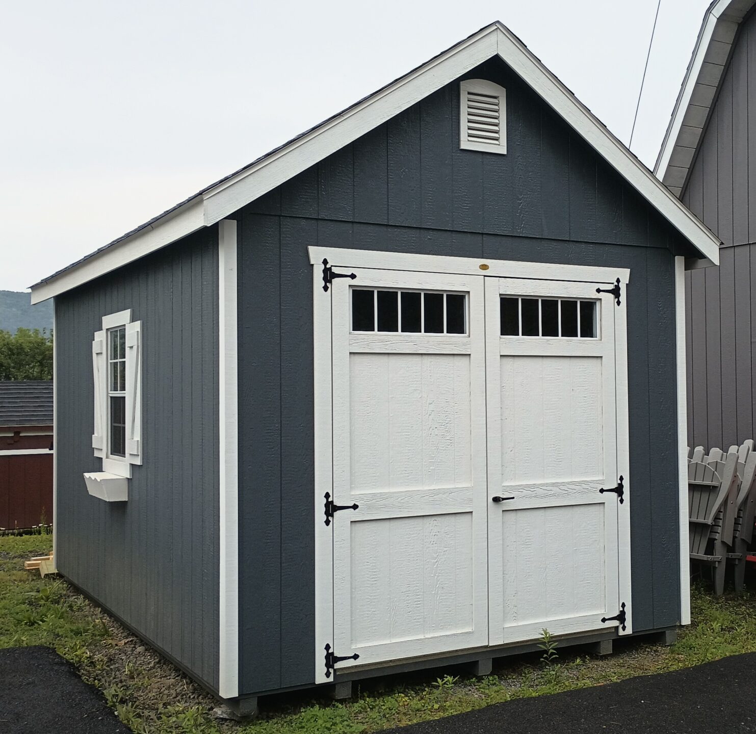Blue Hinged Roof Shed with Double Doors and Windows