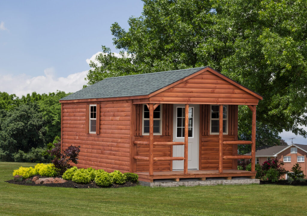 12x24 A-frame log cabin with beautiful landscaping