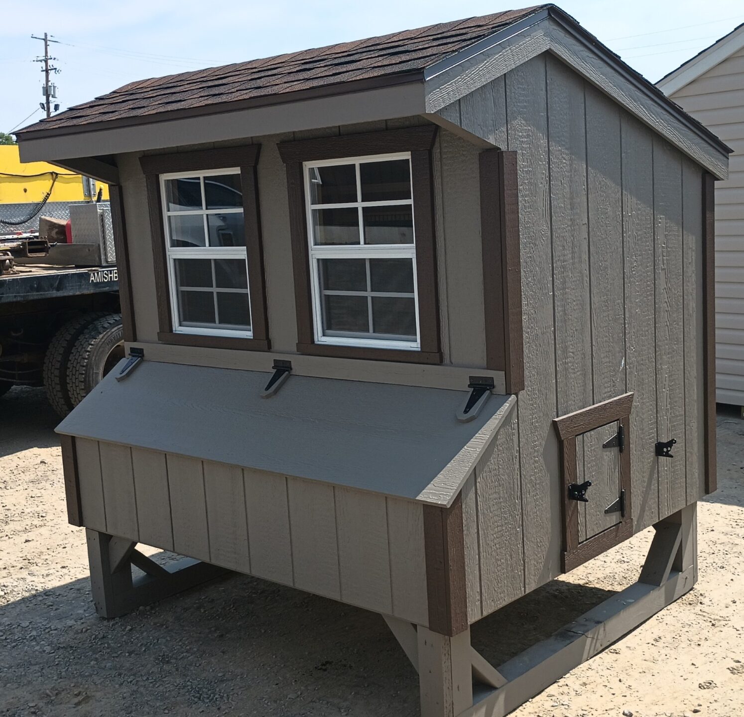 Quaker chicken coop with nesting boxes and 2 windows